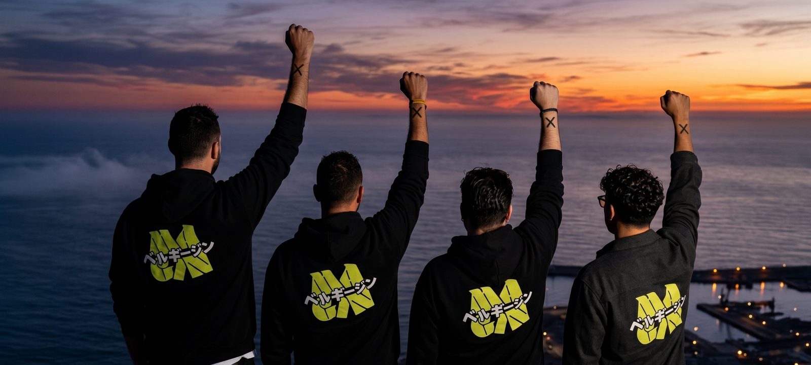 L'équipe MaGin — Lorenzo, Nicolas, Quentin, Jeremy face au coucher de soleil